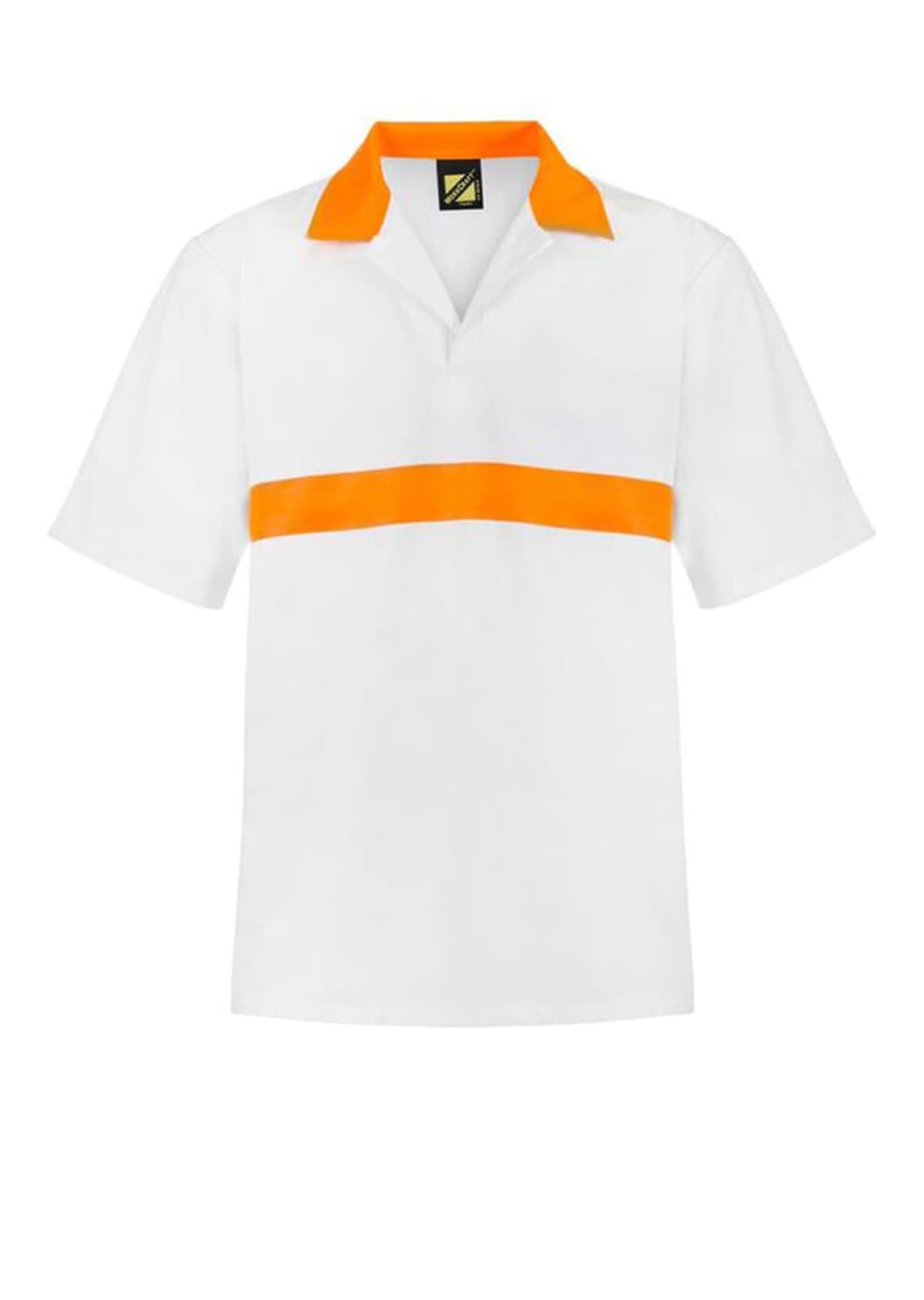 White short-sleeve polo shirt with an orange collar and a horizontal orange stripe across the chest. The shirts simple design features a black and yellow label at the back of the collar.