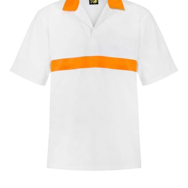 White short-sleeve shirt with an orange collar and a horizontal orange stripe across the chest.