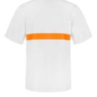 Back view of a white short-sleeve shirt with an orange horizontal stripe across the upper back and orange accents on the collar.