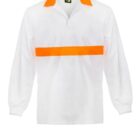 White long-sleeve shirt with an orange collar and a horizontal orange stripe across the chest. The shirt features a collarless placket and cuffed sleeves.