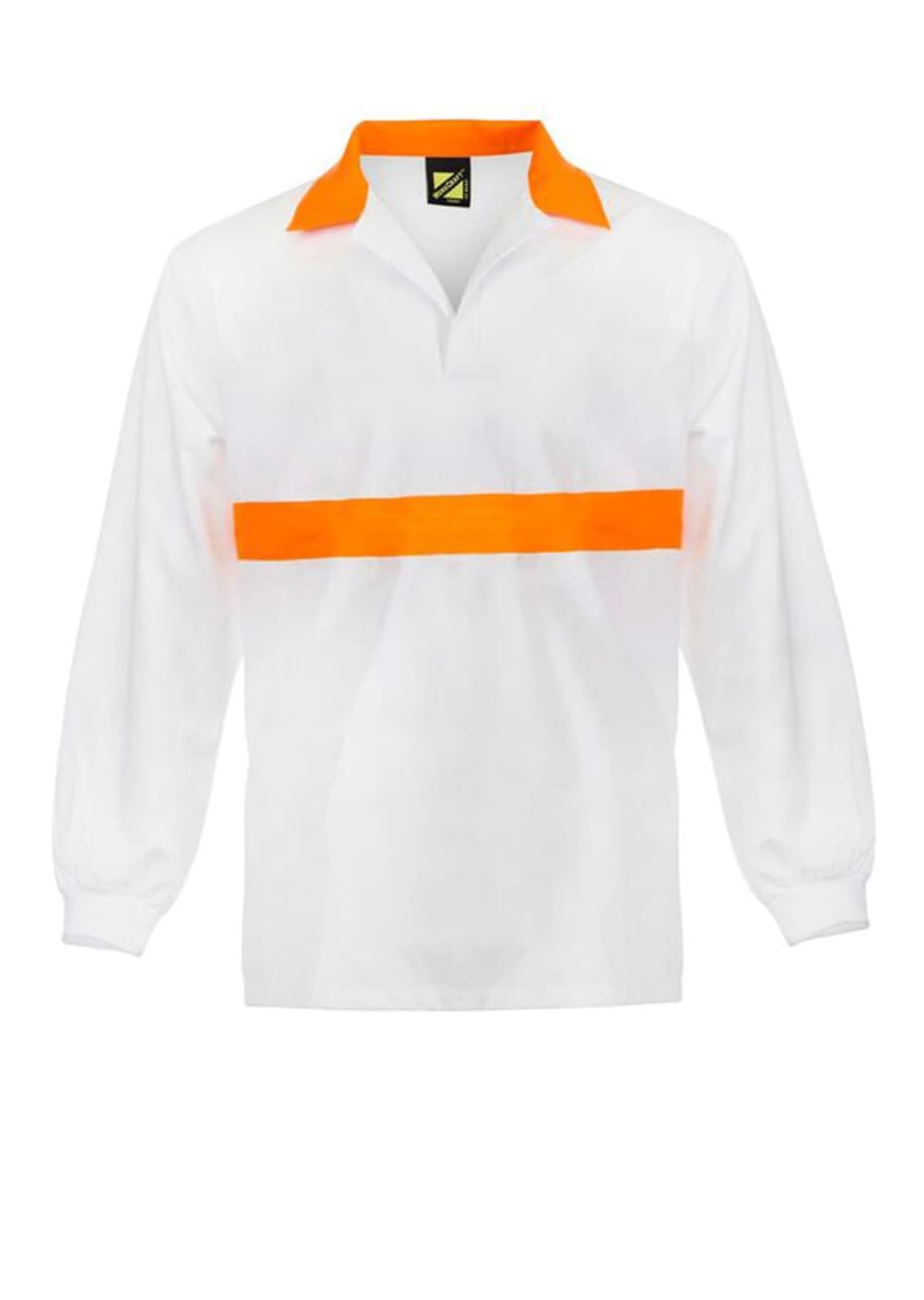 White long-sleeve shirt with an orange collar and a horizontal orange stripe across the chest. The shirt features a collarless placket and cuffed sleeves.