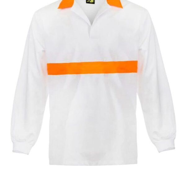 A long-sleeved white shirt with an orange collar and a horizontal orange stripe across the chest. The cuffs are plain, and it has a polo-style collar.