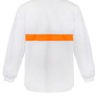 White long-sleeve jacket with a bright orange horizontal stripe across the upper back, a matching orange collar, and buttoned cuffs. The design features a simple and clean look.