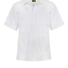 White short-sleeve collared shirt with no buttons, featuring a black and yellow rectangular logo on the inner neckline. The shirt has a clean, simple design.