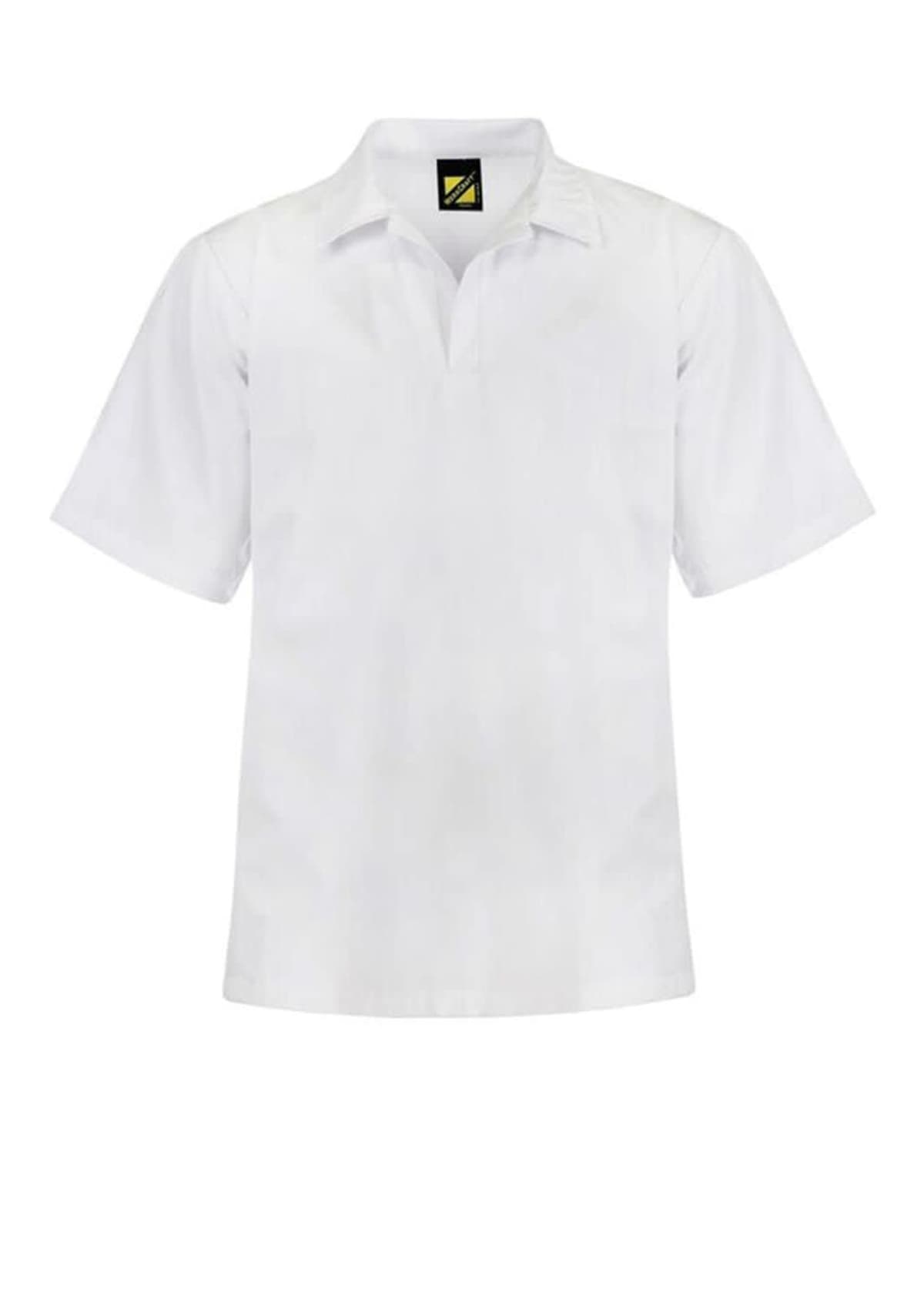 White short-sleeve collared shirt with no buttons, featuring a black and yellow rectangular logo on the inner neckline. The shirt has a clean, simple design.