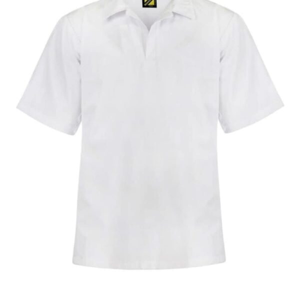 A plain white short-sleeve shirt with a collar and a partial front opening is shown against a white background. The shirt has a small tag with a black and yellow design near the neck.