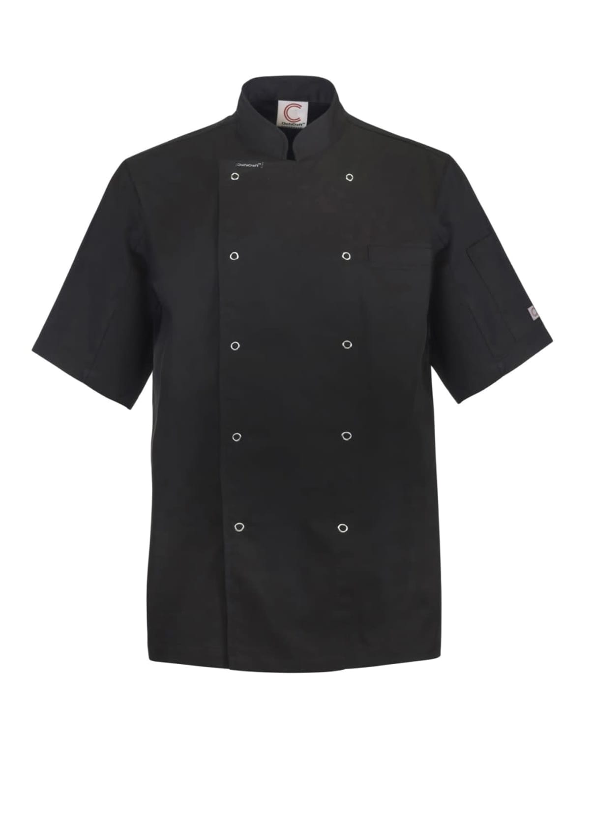 Black short-sleeve chef jacket with double-breasted buttons.