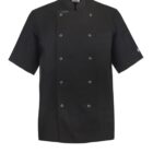 Black short-sleeve chef jacket with double-breasted buttons.