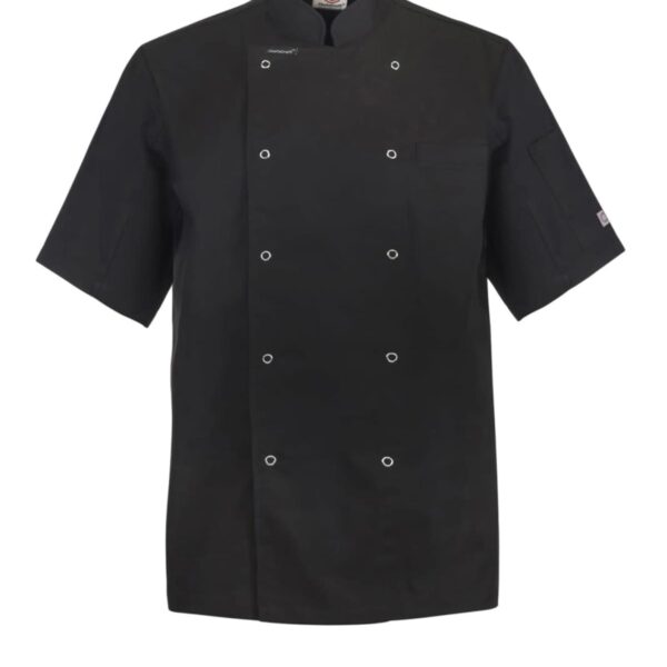 Black short-sleeve chef jacket with double-breasted buttons.