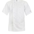 White short-sleeve chefs jacket with double-breasted buttons.