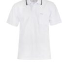 White polo shirt with checkered collar and pocket on white background.