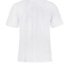 White polo shirt with a checkered collar, viewed from the back.