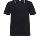 Black polo shirt with a patterned collar and a front pocket.