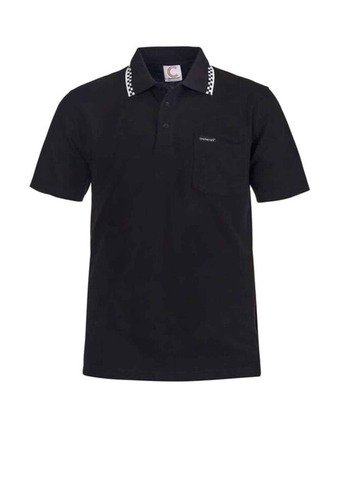 Black polo shirt with a patterned collar and a front pocket.