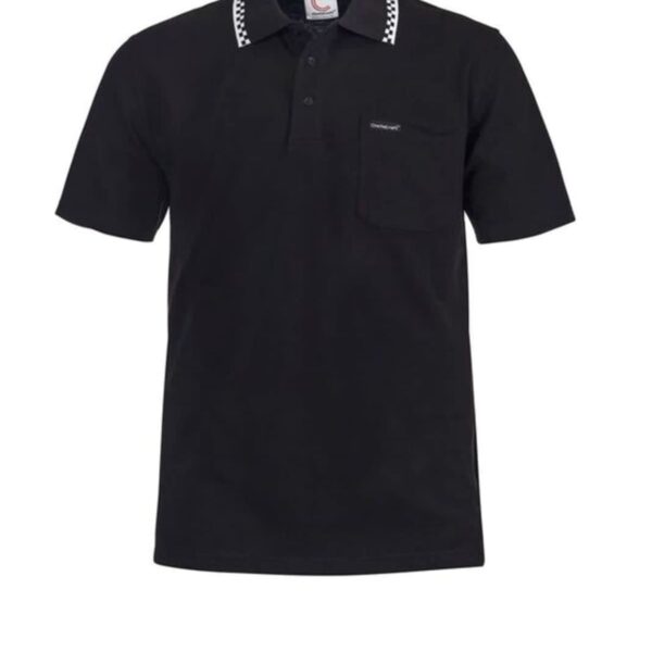 Black polo shirt with a checkered collar design and a small chest pocket.