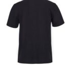 Back view of a black polo shirt with a checkered pattern on the collar.