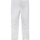 White pants with an elastic waistband and straight legs, displayed on a plain white background.