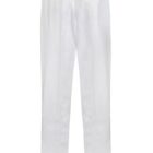White, loose-fitting trousers with an elastic waistband, displayed on a plain background.