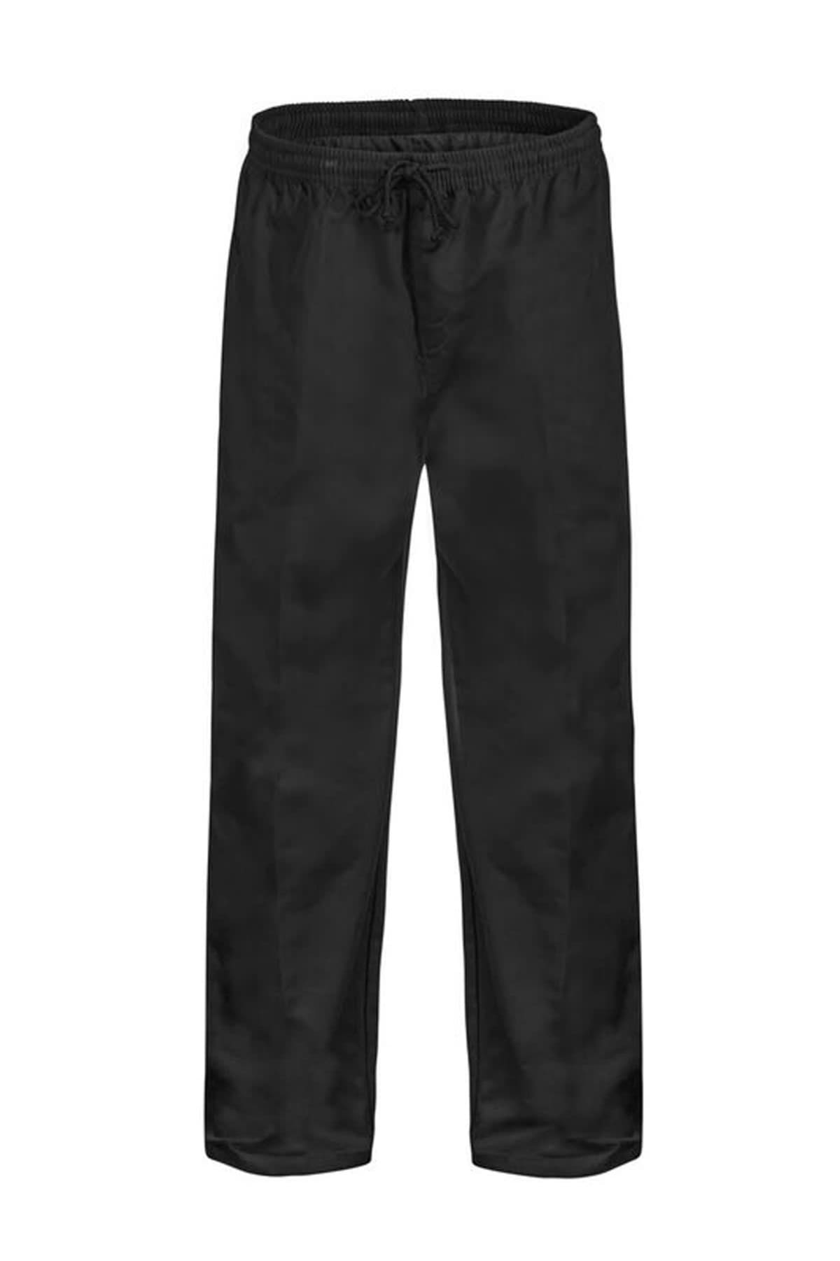 Black drawstring pants on a white background.