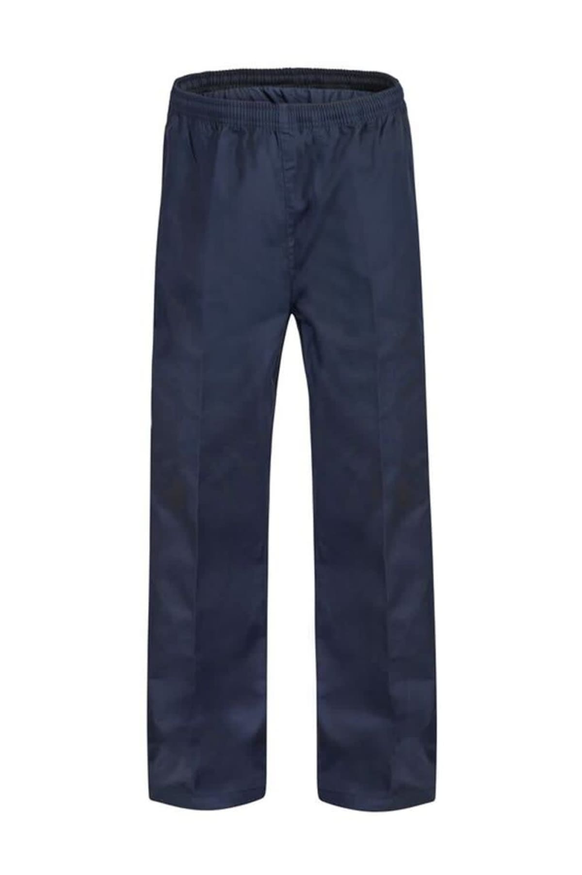 A pair of dark blue pants with an elastic waistband, displayed against a plain white background. The pants have a straight-leg design and appear to be made of a lightweight fabric.