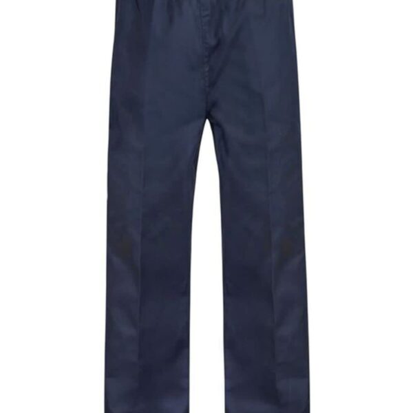 Navy blue, loose-fitting pants with an elastic waistband, displayed against a white background. The fabric appears smooth and lightweight, suitable for casual wear.