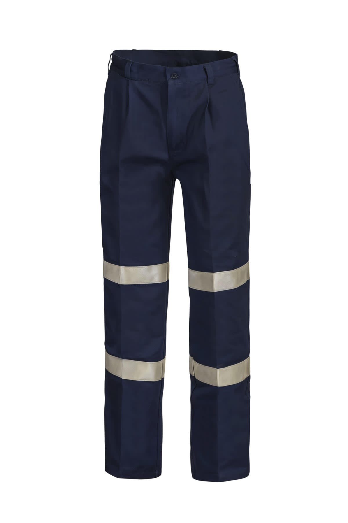 Dark blue work pants with reflective bands around the legs, designed for safety in low-visibility environments. The pants have a buttoned closure and a straight-leg fit.