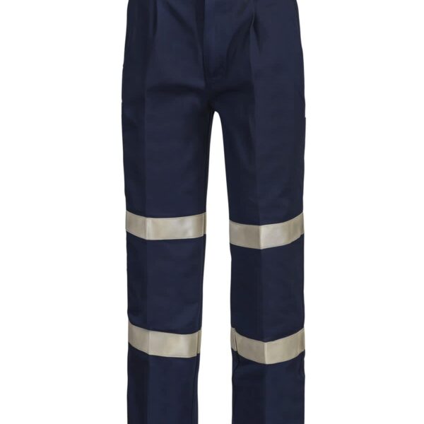 Dark blue work pants with reflective bands on the legs.