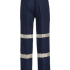 Navy blue work pants with reflective silver stripes on the legs.