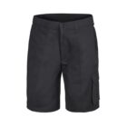Black cargo shorts with a button and zipper closure. They feature belt loops, side pockets, and a flap pocket on the right leg. The shorts are displayed against a white background.