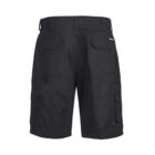 Black cargo shorts with multiple pockets, including side and back pockets. The shorts have belt loops and a knee-length design. The fabric appears sturdy, suitable for outdoor activities.