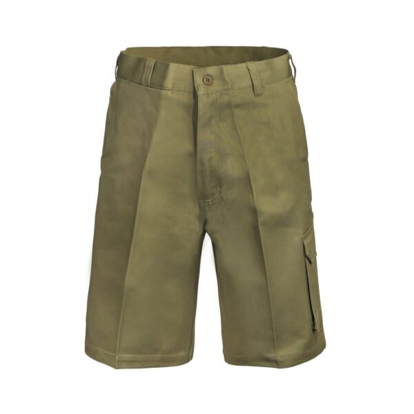 Olive green cargo shorts with a button closure and side pockets.