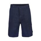Dark blue cargo shorts with belt loops and a button fly. The shorts have side and hip pockets, including a cargo pocket on the right leg. The fabric appears to be sturdy, suitable for casual or work settings. The image has a plain white background.