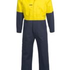 A full-length, two-tone coverall with a bright yellow top and dark blue pants and sleeves, featuring a collar, front zipper, and chest pockets. The design is simple and unadorned, suited for utility or work purposes.
