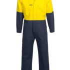 Yellow and blue work coverall with a front zipper and long sleeves.