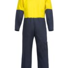 A two-toned jumpsuit with a yellow upper portion and dark blue lower section, shown from the back. The long-sleeved garment features a collar and a utility pocket on the leg.