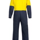 Back view of a yellow and navy blue coverall with long sleeves and cargo pocket.
