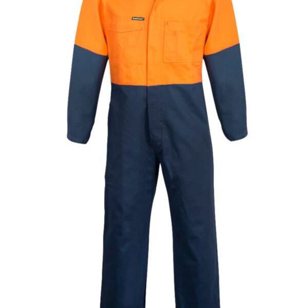 Two-tone work coveralls, orange top with black sleeves and pants.