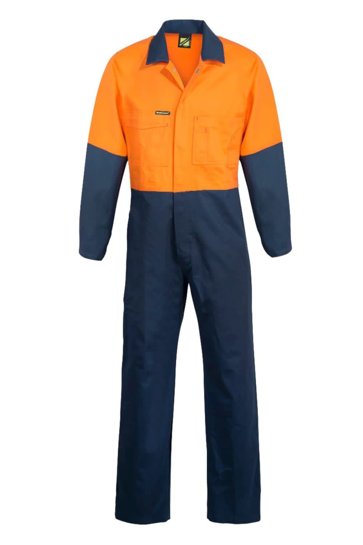 Orange and navy blue coverall on a white background.