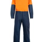 Back view of a two-tone orange and blue coverall with long sleeves and pockets.