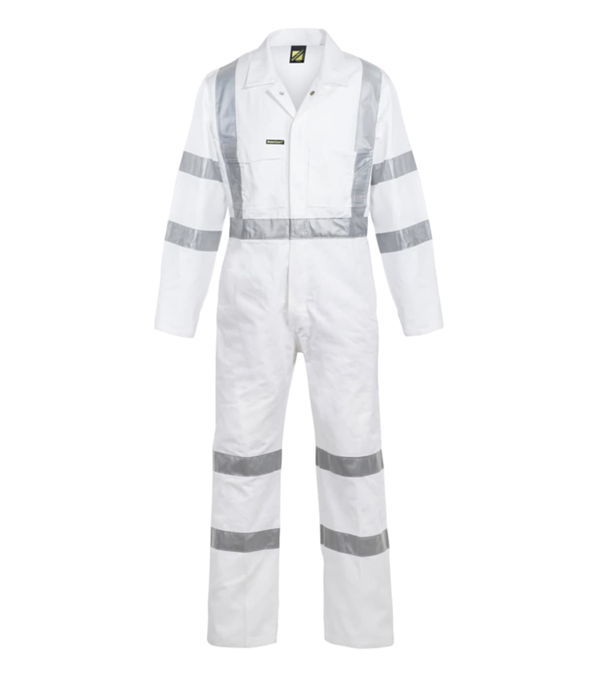White protective coverall with gray reflective stripes on arms, chest, waist, and legs. The suit features buttons down the front and a collar, designed for safety and visibility.