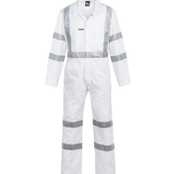 A white coverall with gray reflective stripes around the arms, legs, and torso, designed for safety. It has a front button closure, long sleeves, and full-length legs, commonly used in industrial or construction settings.