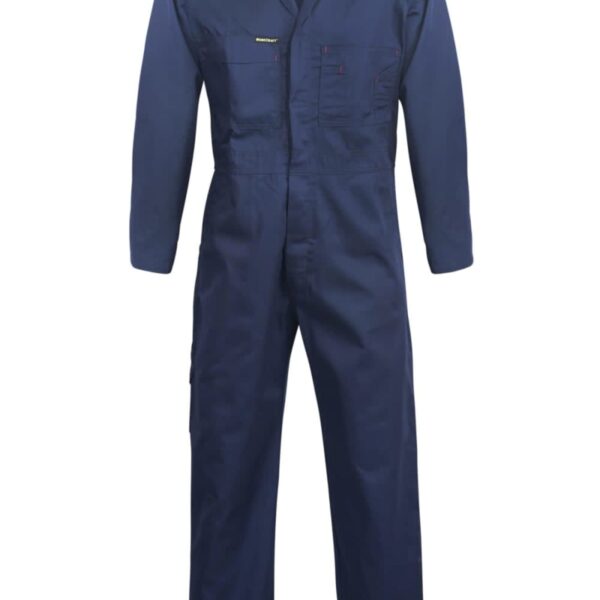 Blue coverall with long sleeves and multiple pockets, displayed on a plain white background.