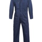 Blue long-sleeve coverall with pockets, buttoned front, and standing collar.