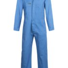 Blue long-sleeve coverall with button closure and two chest pockets, displayed against a white background.