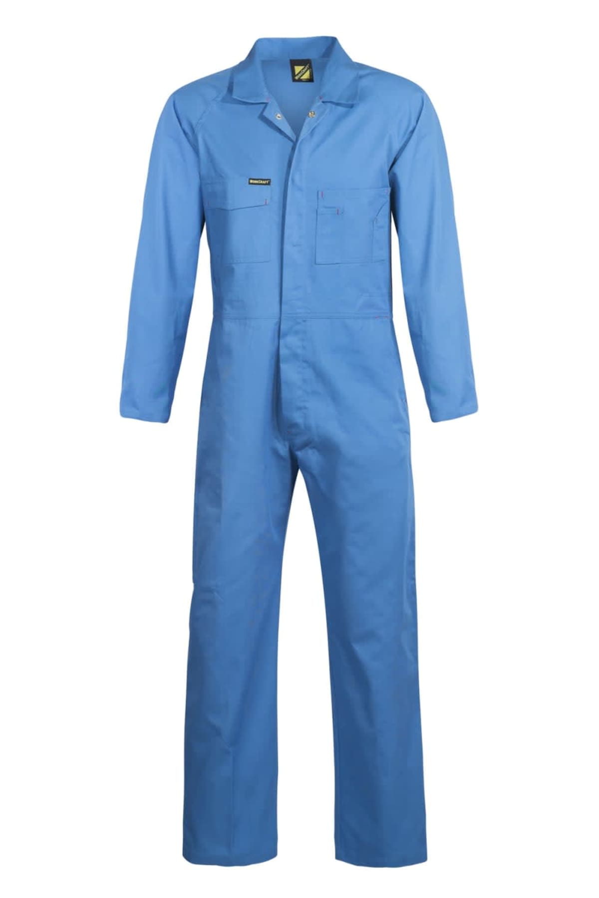 Blue long-sleeve coverall with button closure and two chest pockets, displayed against a white background.