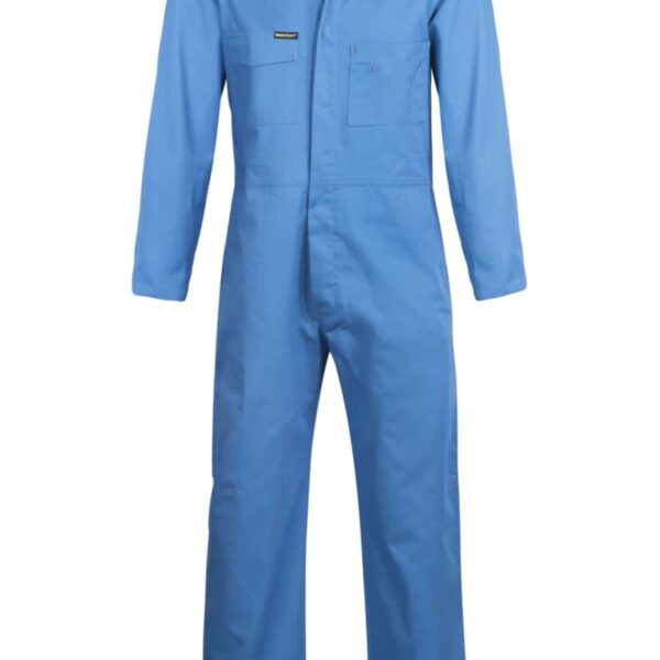 Blue coveralls with long sleeves, a zip-up front, and multiple chest pockets. The fabric has a slight sheen, and the collar is spread.