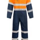 A high-visibility coverall with an orange top and navy bottom. It features reflective white stripes on the chest, arms, waist, and legs. The coverall has a collared neck and long sleeves.