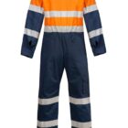 A two-toned coverall featuring a bright orange top and dark blue bottom. It has reflective white stripes on the arms, chest, waist, and legs. The coverall has long sleeves and full-length pants, viewed from the back.