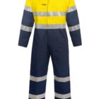 A high-visibility work coverall displayed on a white background. It features a yellow upper section with reflective stripes on the chest and the upper arms, and a navy lower section with reflective stripes on the legs and forearms.