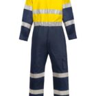 A high-visibility coverall with a yellow top and navy blue bottom. It features silver reflective stripes on the arms, legs, and torso, and has long sleeves and a collar. The back view is shown against a white background.